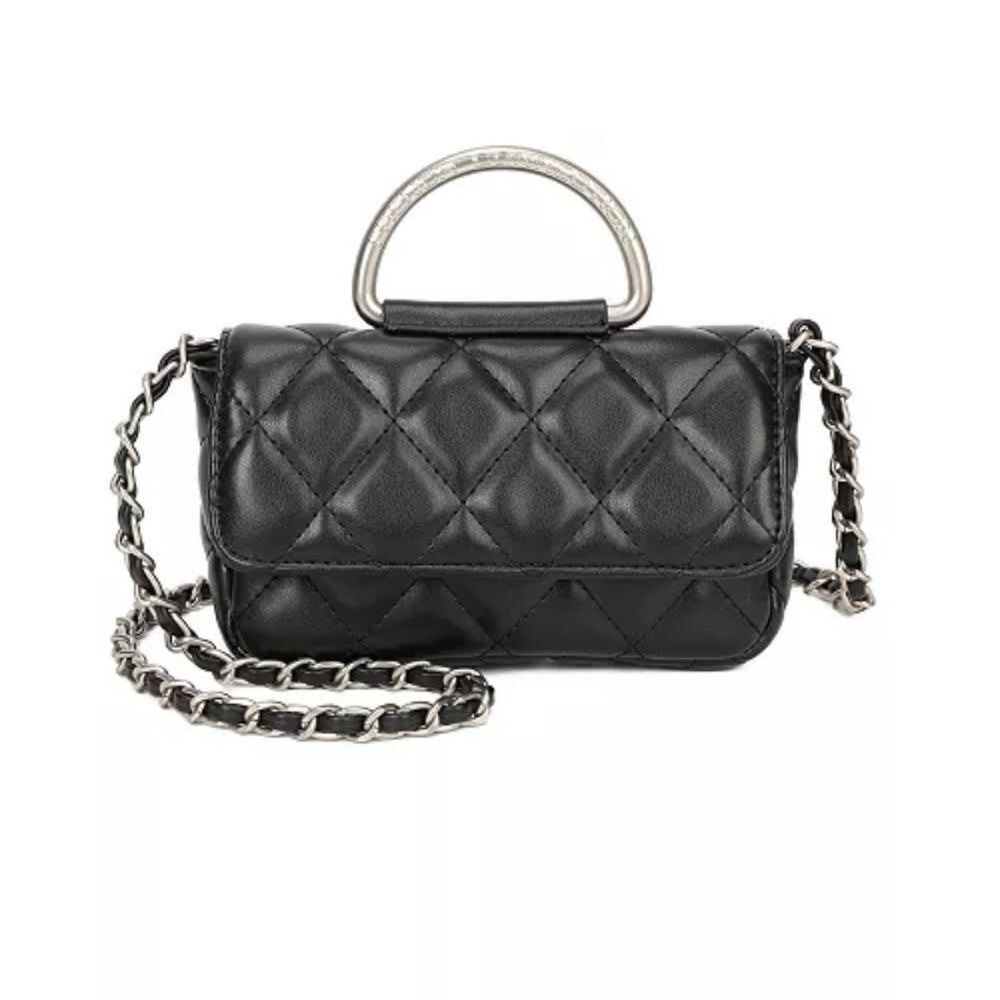 NWT French Connection MELL Quilted Crossbody Bag Black Silver Braided Chain